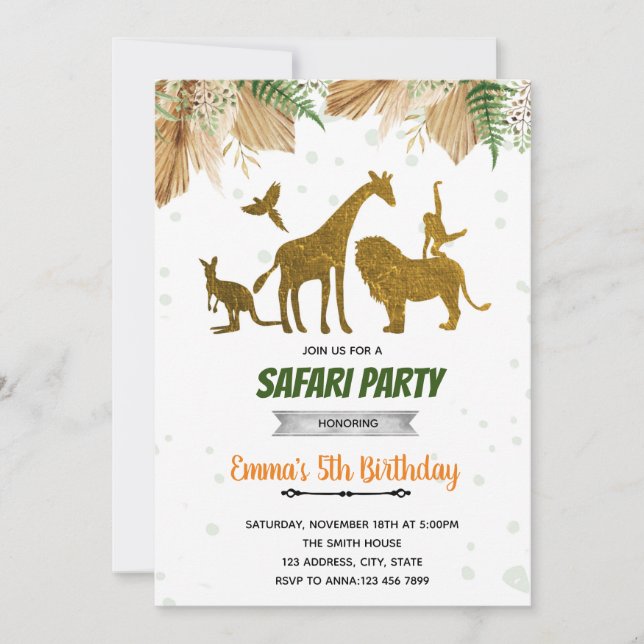 Boho blue gold safari party invitation (Front)