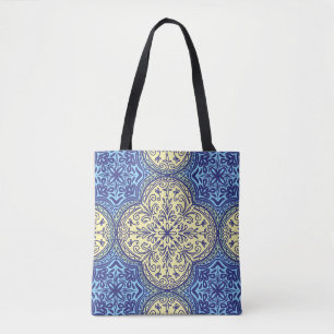 Boho Blue & Gold Tile Pattern Tote Bag