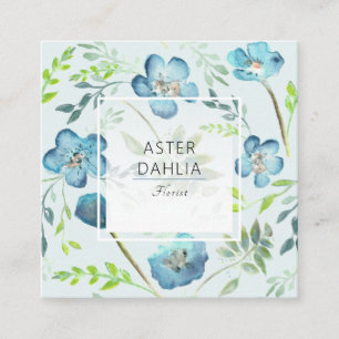 Boho Blue Green Watercolor Painted Flowers Square Business Card