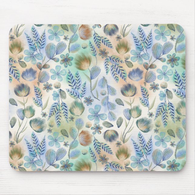 Boho Blue Green Whimsical Floral Botanical   Mouse Pad (Front)