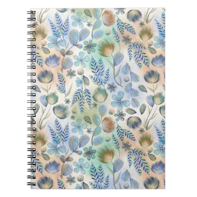 Boho Blue Green Whimsical Floral Botanical  Notebook (Front)