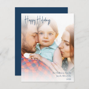 Boho Blue Handwritten Script Full Photo Happy Holiday Card