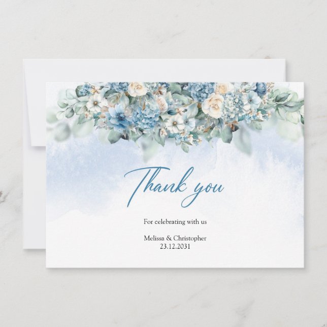Boho blue hydrangea and white roses eucalyptus thank you card (Front)