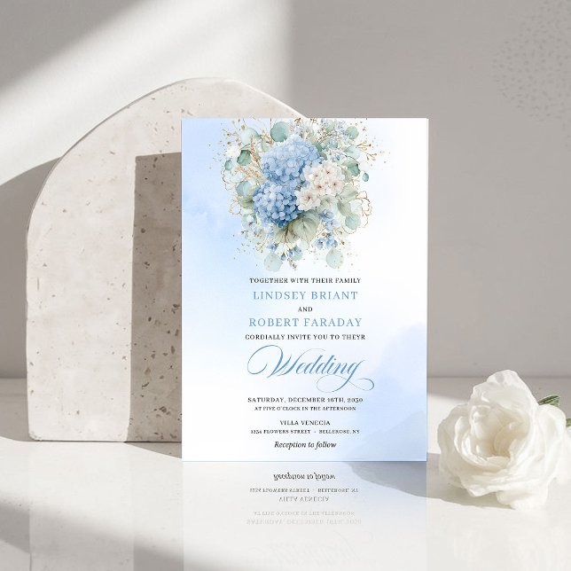 Boho Blue Hydrangea Gold Floral Wedding Invitation (Boho Blue Hydrangea Gold Floral Wedding Invitation)