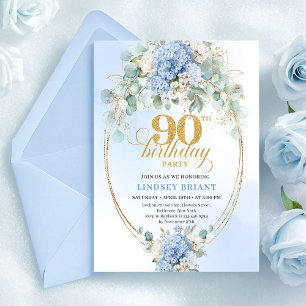 Boho Blue Hydrangea Greenery 90th Birthday Invite