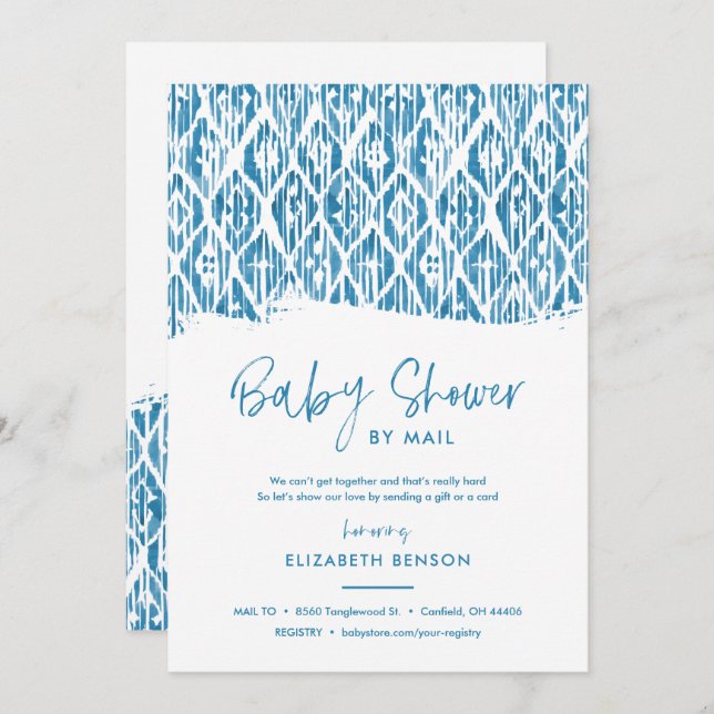 Boho Blue Ikat Baby Shower by Mail Invitation (Front/Back)