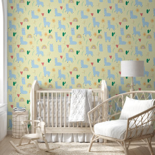 Boho Blue Llama Rainbows Yellow Baby Boy Nursery Wallpaper