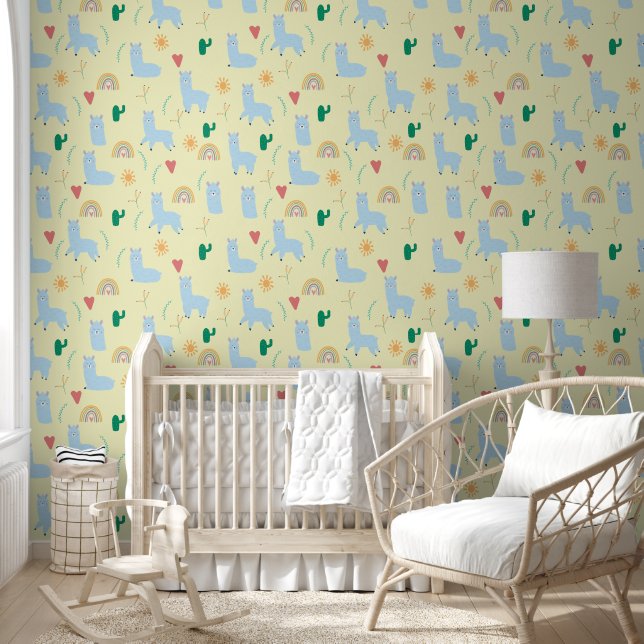 Boho Blue Llama Rainbows Yellow Baby Boy Nursery Wallpaper (Kids)