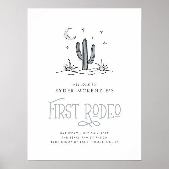 Boho Blue Modern Boys First Rodeo 1st Birthday Poster (Front)