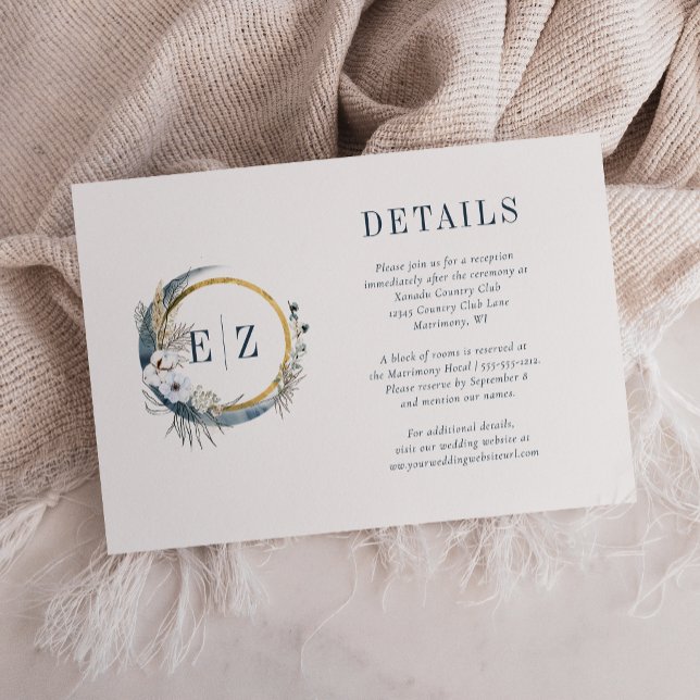 Boho Blue Moon Floral Monogram Wreath Details Enclosure Card (Creator Uploaded)