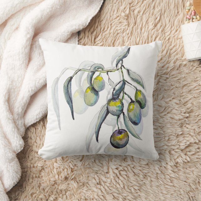 Boho Blue Olive Branch Watercolor Hand-painted Cushion (Blanket)