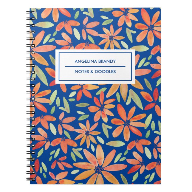 Boho Blue & Orange Floral Pattern  Notebook (Front)
