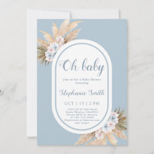Boho Blue Pampas Grass Baby Shower Boy Invitation