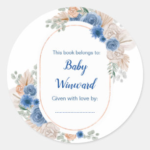 Boho Blue Pampas Grass Baby Shower Classic Round Sticker