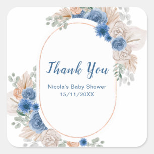 Boho Blue Pampas Grass Baby Shower Square Sticker