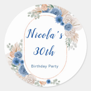 Boho Blue Pampas Grass  Birthday Classic Round Sticker