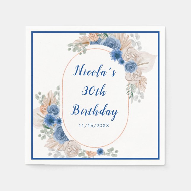 Boho Blue Pampas Grass Birthday Napkin (Front)