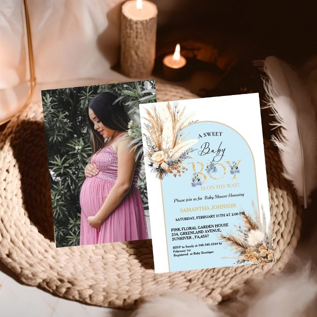 Boho Blue Pampas Grass Desert Baby Boy Baby Shower Invitation (Creator Uploaded)