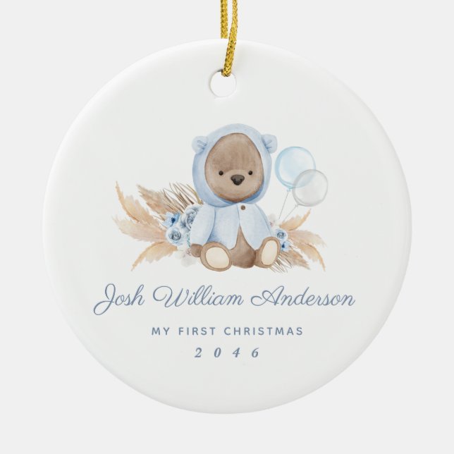 Boho Blue Pampas Grass Teddy Bear Holiday Ornament (Front)