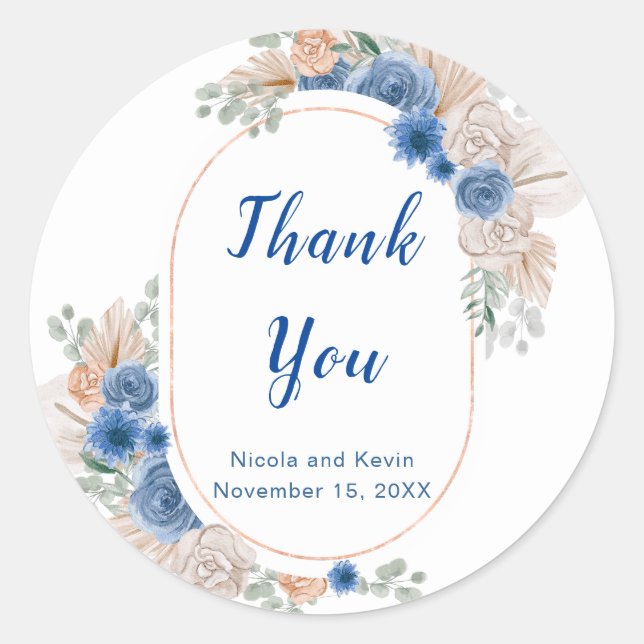 Boho Blue Pampas Grass Wedding Classic Round Sticker (Front)