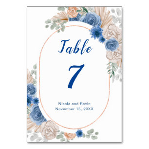Boho Blue Pampas Grass Wedding Table Number