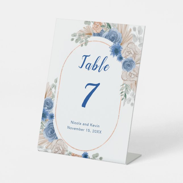 Boho Blue Pampas Grass Wedding Table Number Pedestal Sign (Front)