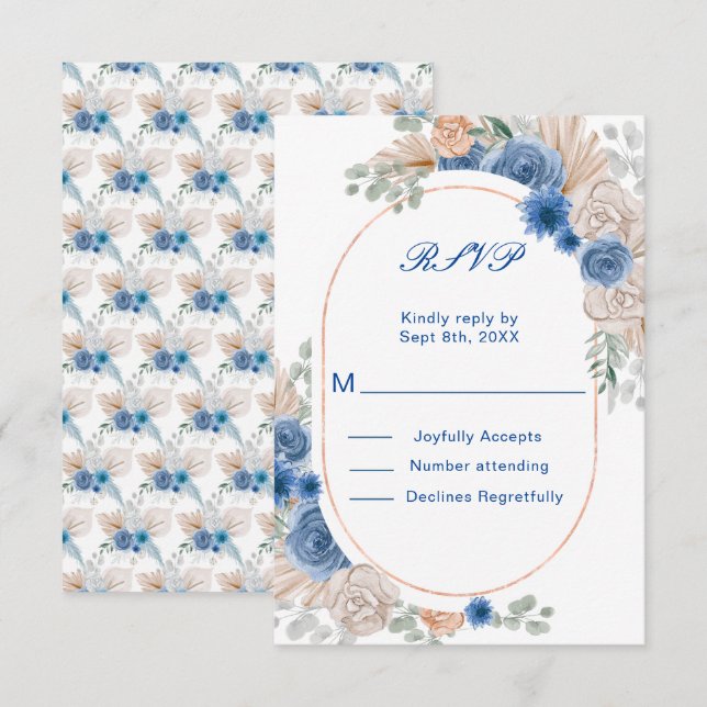 Boho Blue Pampas Grass WeddingRSVP RSVP Card (Front/Back)