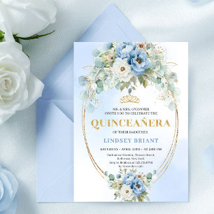 Boho Blue Peonies Eucalyptus Quinceañera Download Invitation