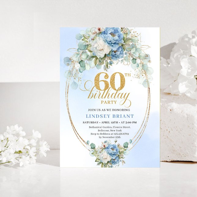 Boho Blue Peonies Gold 60th Birthday Invitation (Boho Blue Peonies Gold 60th Birthday Invitation)