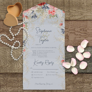 Boho Blue & Pink Floral Dusty Blue Dinner All In One Invitation