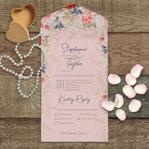 Boho Blue & Pink Floral Pink Dinner All In One Invitation