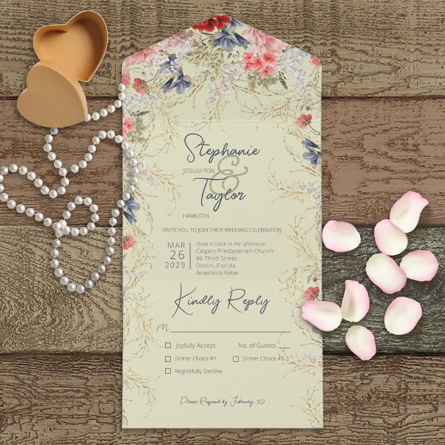 Boho Blue & Pink Floral Sage Green Dinner All In One Invitation (Creator Uploaded)