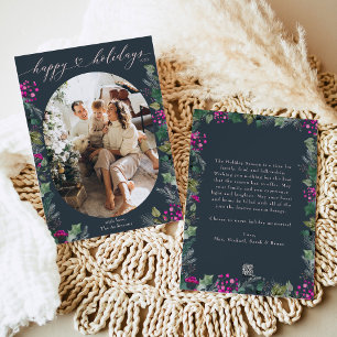 Boho Blue & Pink Oval Family Photo  Holiday Card