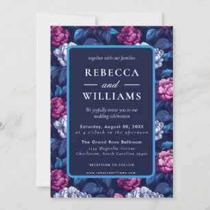 Boho Blue Pink Peonies Flower Wedding  Invitation