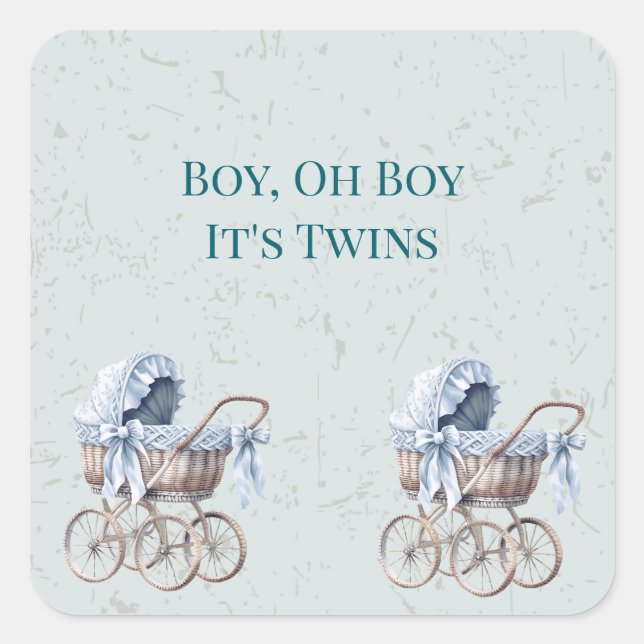 Boho Blue Prams Twin Boys Baby Shower Square Sticker (Front)