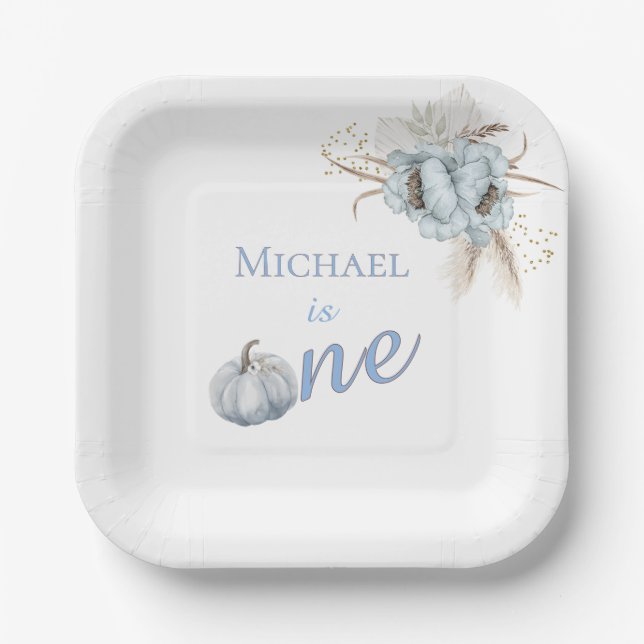 Boho Blue Pumpkin 1st Birthday Boy Paper Plate (Front)