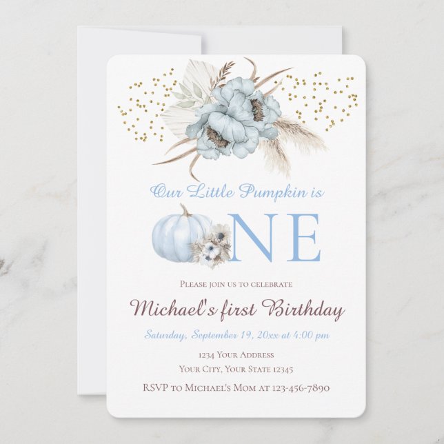 Boho Blue Pumpkin 1st Birthday Invitation Boy (Front)