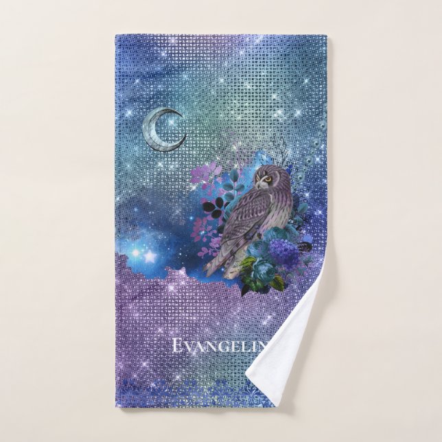 Boho Blue Purple Owl Moon Hand Towel (Hand Towel)