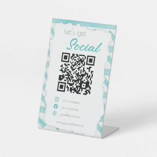 Boho blue QR code coastal scan me social media Pedestal Sign