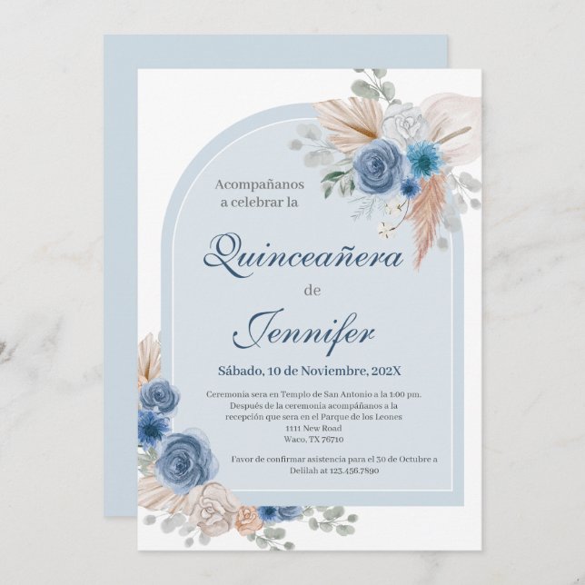 Boho Blue Quinceanera invitation (Front/Back)