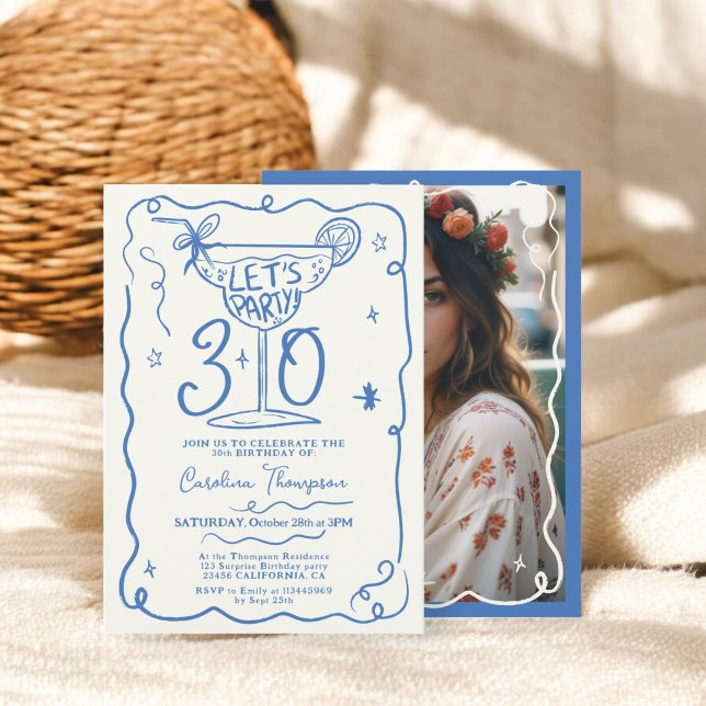 Boho blue quirky whimsical scribbles 30 birthday invitation (Boho blue quirky whimsical scribbles 30 birthday invitation)