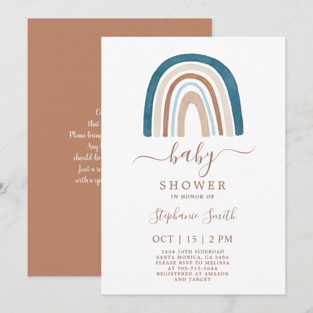 Boho Blue Rainbow Baby Shower Boy Invitation (Front/Back)