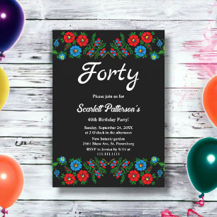 Boho Blue Red Roses Romantic Floral 40th Birthday Invitation