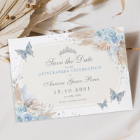Boho Blue Silver Floral Quinceanera Save the Date