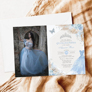 Boho Blue Silver Quinceañera 15th Birthday Photo Invitation