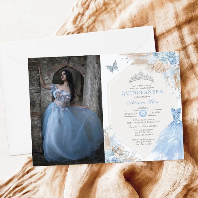 Boho Blue Silver Quinceañera 15th Birthday Photo Invitation (Creator Uploaded)