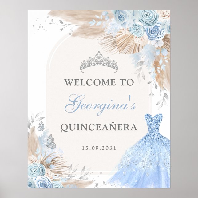 Boho Blue Silver Quinceañera 15th Birthday Welcome Poster (Front)