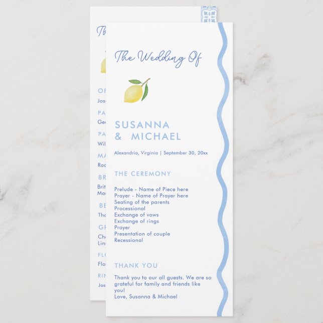 Boho Blue Squiggle Border Lemon Wedding Program Programme (Front/Back)