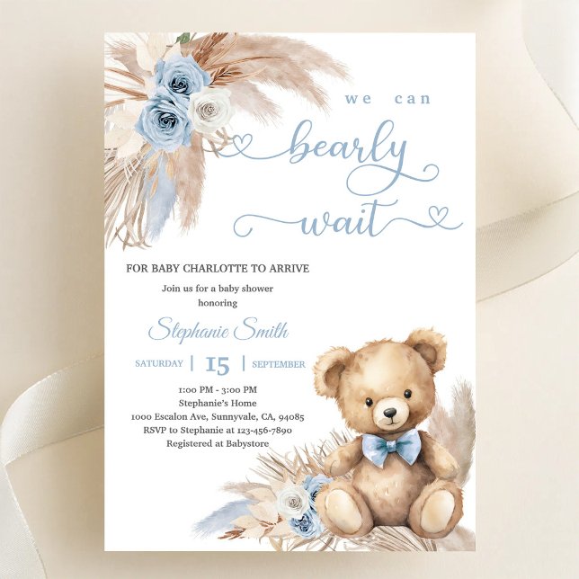 Boho Blue Teddy Bear Baby Shower Invitation (Creator Uploaded)