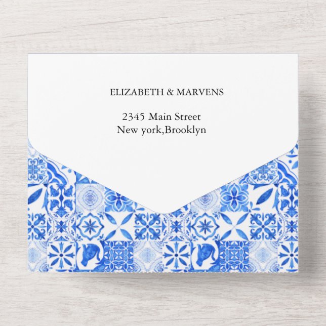 Boho Blue tile and Lemon Arch wedding All In One Invitation (Back)